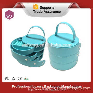 Hottest design blue leather round jewelry box (WH-3646)